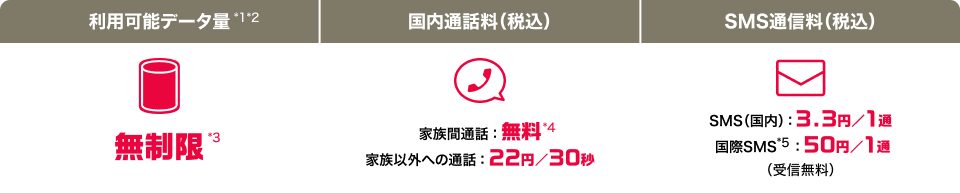 利用可能データ量*1*2 無制限*3 国内通話料（税込） 家族間通話：無料*4 家族以外への通話：22円／30秒 SMS通信料（税込）SMS（国内）：3.3円／1通 国際SMS*5：50円／1通（受信無料）