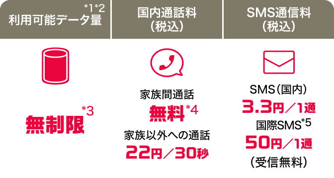 利用可能データ量*1*2 無制限*3 国内通話料（税込） 家族間通話：無料*4 家族以外への通話：22円／30秒 SMS通信料（税込）SMS（国内）：3.3円／1通 国際SMS*5：50円／1通（受信無料）