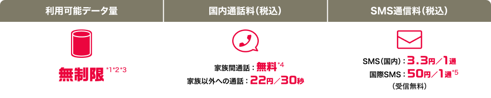 利用可能データ量 無制限*1 国内通話料(税込) 家族間通話:無料*2 家族以外への通話:22円/30秒 SMS通信料(税込)SMS(国内):3.3円/1通 国際SMS:50円/1通(受信無料)