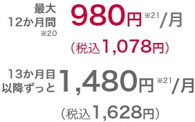 割引適用後の月額料金は最大12か月間※20　980円（税込1,078円）※21  13か月目以降ずっと月額料金 1,480円（税込1,628円）※21