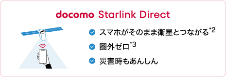 docomo Starlink direct スマホがそのまま衛星とつながる*2 圏外ゼロ*3 災害時もあんしん