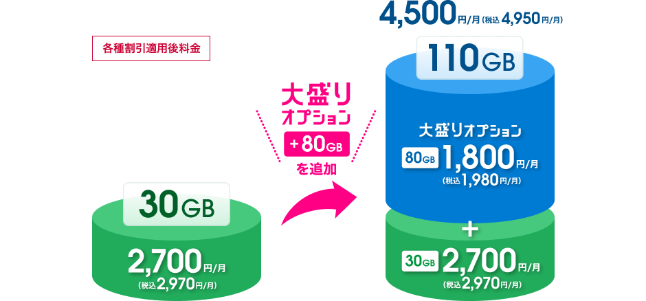 30GBは税抜2,700円／月（税込2,970円／月）。大盛りオプション80GBを税抜1,800円／月（税込1,980円／月）で追加すると、合計110GBで税抜4,500円／月（税込4,950円／月）。