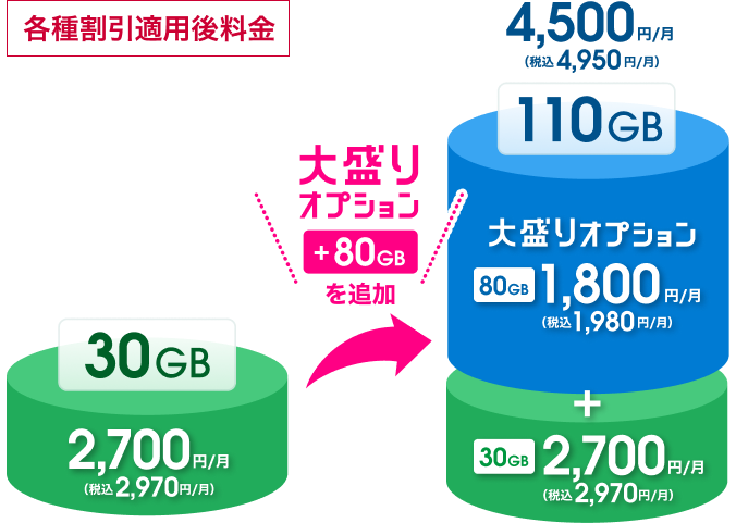 30GBは税抜2,700円／月（税込2,970円／月）。大盛りオプション80GBを税抜1,800円／月（税込1,980円／月）で追加すると、合計110GBで税抜4,500円／月（税込4,950円／月）。
