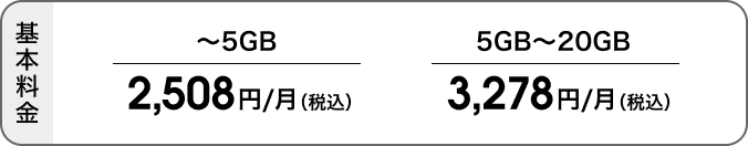 基本料金は5GBまで月額2,508円（税込）、5GB超～20GBは月額3,278円（税込）。