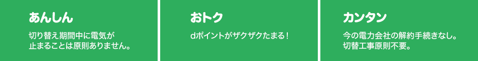 あんしん：切り替え期間中に電気が止まることは原則ありません。おトク：dポイントがザクザクたまる！カンタン：今の電力会社の解約手続きなし。切替工事原則不要。