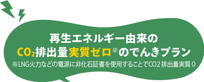 再生エネルギー由来のCO2排出量実質ゼロ（※）のでんきプラン。※LNG火力などの電源に非化石証書を使用することでCO2排出量実質0