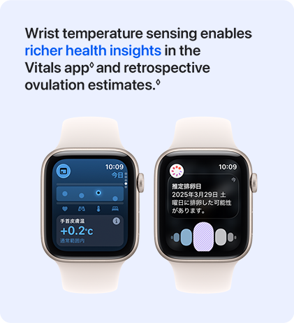 Wrist temperature sensing enables richer health insights in the Vitals app and retrospective ovulation estimate.