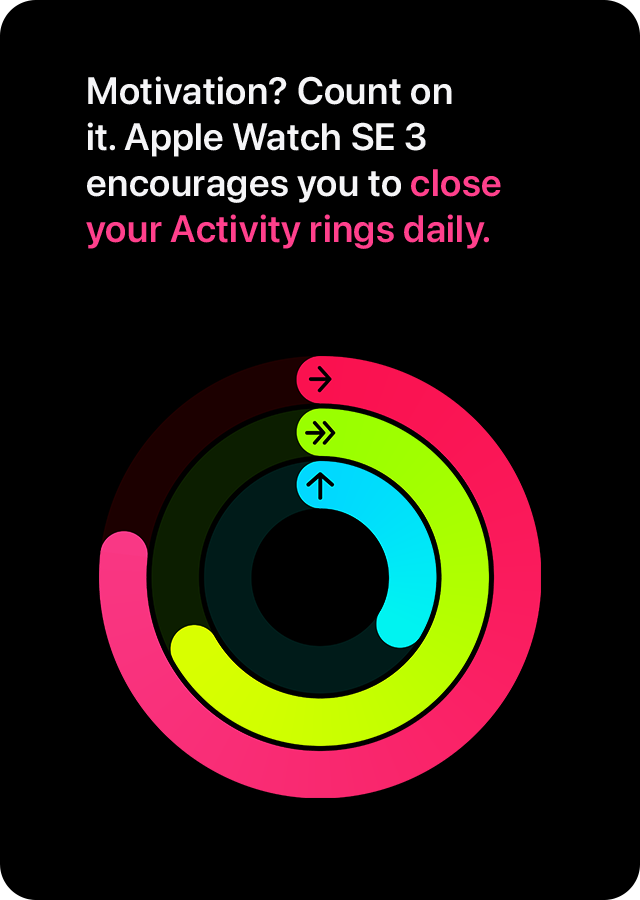 Motivation? Count on it. Apple Watch SE 3 encourages you to close your Activity rings daily.