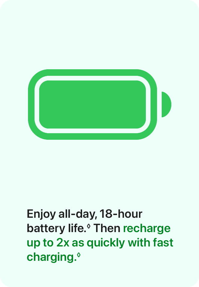 Enjoy all-day, 18-hour battery life. Then recharge up to 2x as quickly with fast charging.