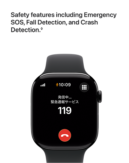Safety features including Emergency SOS, Fall Detection, and Crash Detection.