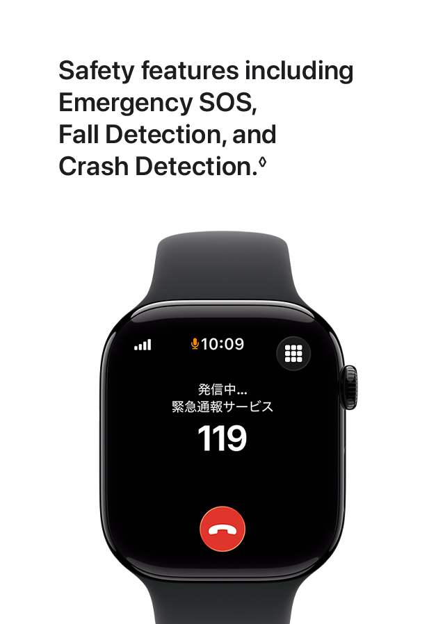 Safety features including Emergency SOS, Fall Detection, and Crash Detection.