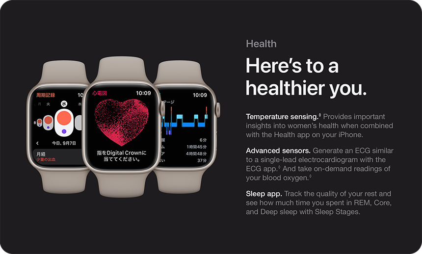 Health Here's to a healthier you. Temperature sensing. Provides important insights into women's health when combined with the Health app on your iPhone. Advanced sensors. Generate an ECG similar to a single-lead electrocardiogram with the ECG app. And take on-demand readings of your blood oxygen. Sleep app. Track the quality of your rest and see how much time you spent in REM, Core, and Deep sleep with Sleep Stages.