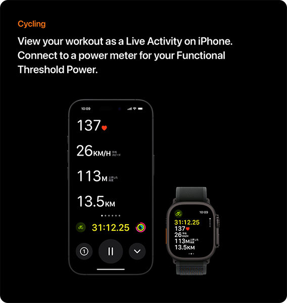 Cycling View your workout as a Live Activity on iPhone. Connect to a power meter for your Functional Threshold Power.