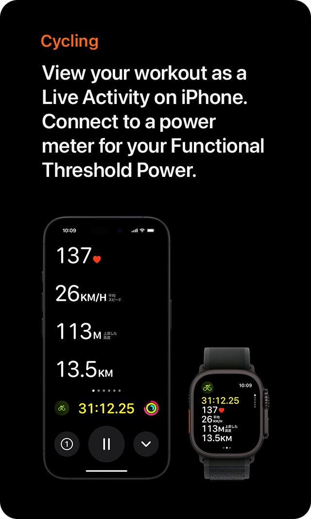 Cycling View your workout as a Live Activity on iPhone. Connect to a power meter for your Functional Threshold Power.