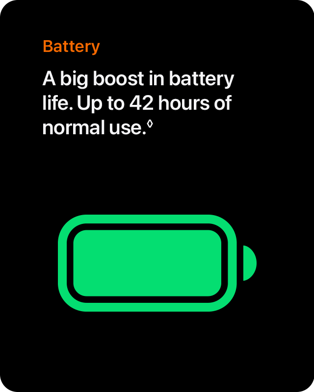 Battery A big boost in battery life. Up to 42 hours of normal use.