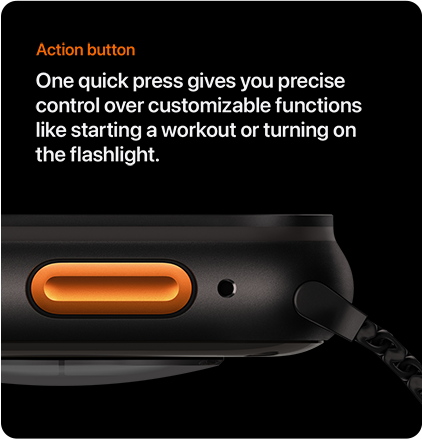 Action button One quick press gives you precise control over customizable functions like starting a workout or turning on the flashlight.