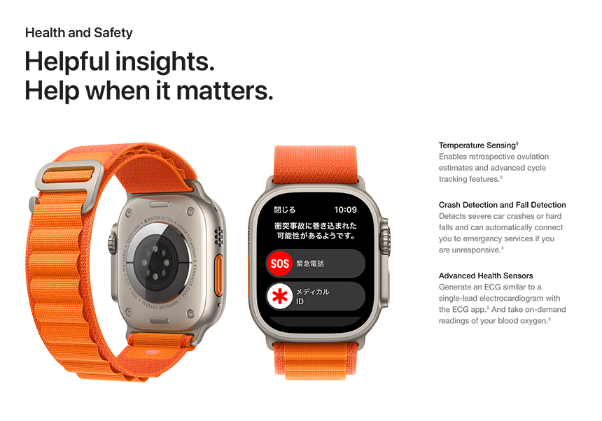 Health and Safety Helpful insights. Help when it matters. Temperature Sensing Enables retrospective ovulation estimates and advanced cycle tracking features. Crash Detection and Fall DetectionDetects severe car crashes or hard falls and can automatically connect you to emergency services if you are unresponsive. Advanced Health SensorsGenerate an ECG similar to a single-lead electrocardiogram with the ECG app. And take on-demand readings of your blood oxygen.