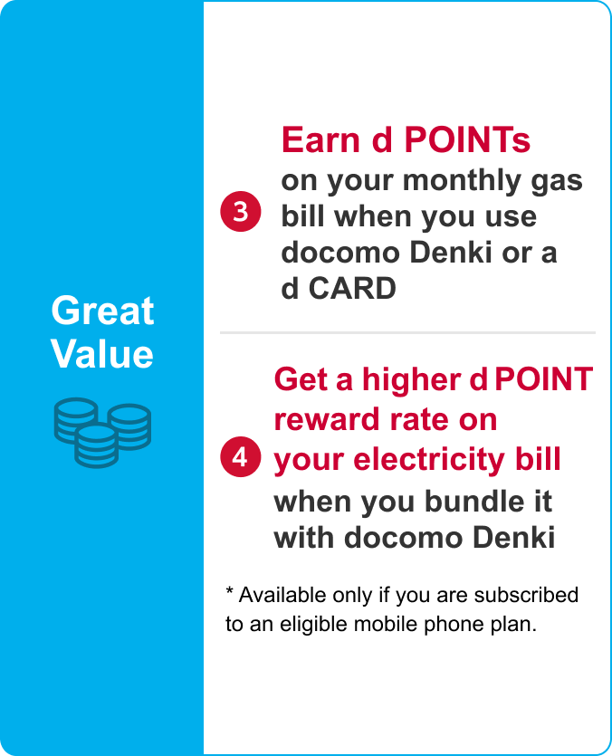 Great Value/(3) Earn d POINTs on your monthly gas bill when you use docomo Denki or a d CARD(4) Get a higher d POINT reward rate on your electricity bill when you bundle it with docomo Denki/ * Available only if you are subscribed to an eligible mobile phone plan.