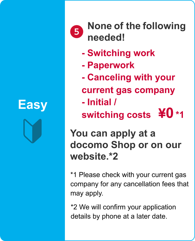 Easy/(5) None of the following needed! Switching work - Paperwork - Canceling with your current gas company - Initial / switching costs ¥0 *1/You can apply at a docomo Shop or on our website. *2/ *1 Please check with your current gas company for any cancellation fees that may apply. *2 We will confirm your application details by phone at a later date.