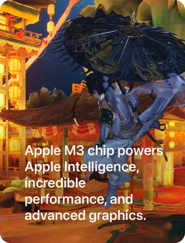 Apple M3 chip powers Apple Intelligence, incredible performance, and advanced graphics.