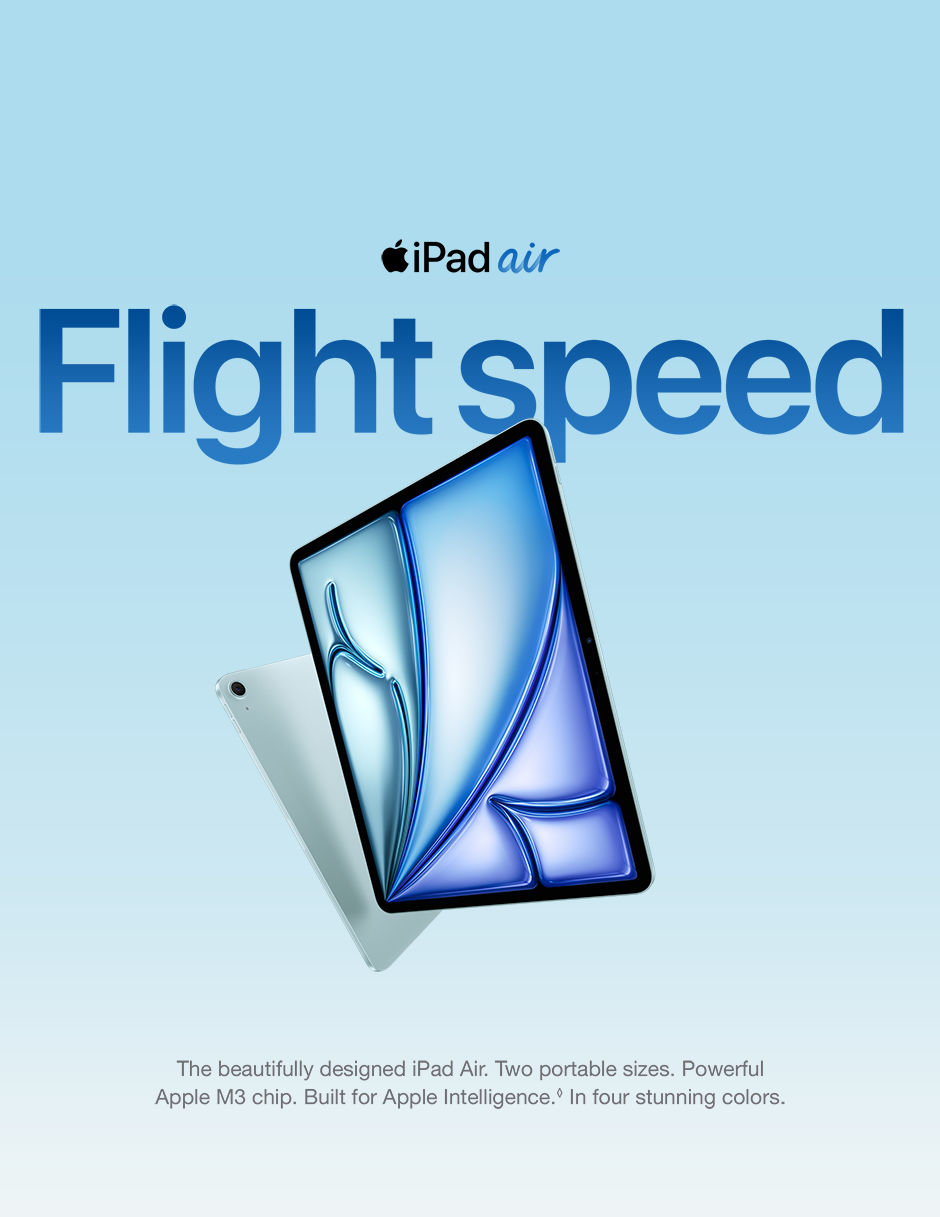 The beautifully designed iPad Air. Two portable sizes. Powerful Apple M3 chip. Built for Apple Intelligence.&loz; In four stunning colors.