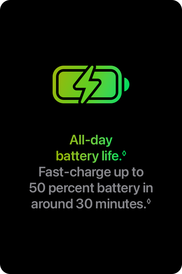 All-day battery life.&loz; Fast-charge up to 50 percent battery in around 30 minutes.&loz;