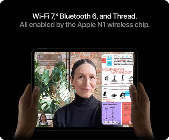 Wi-Fi 7,&loz; Bluetooth 6, and Thread. All enabled by the Apple N1 wireless chip.