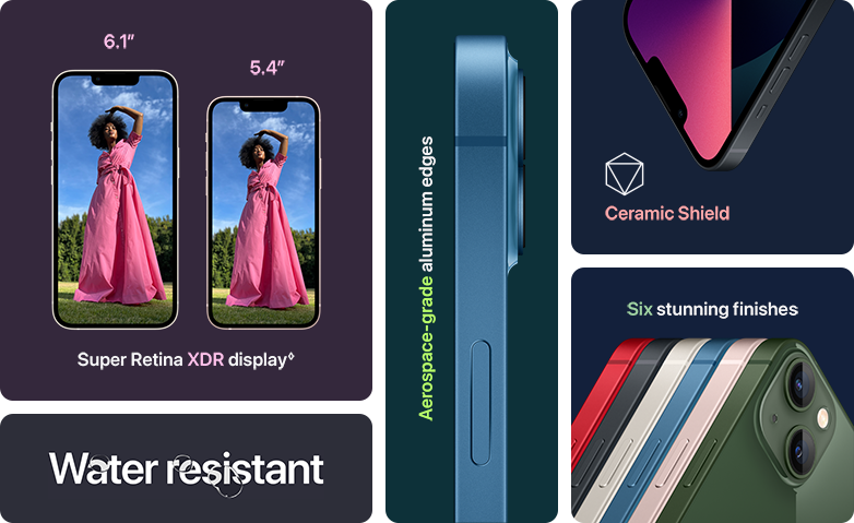 Image picture: Display and Design (Super Retina XDR display, Water resistant, Aerospace-grade aluminum edges, Ceramic Shield, Five stunning finishes)