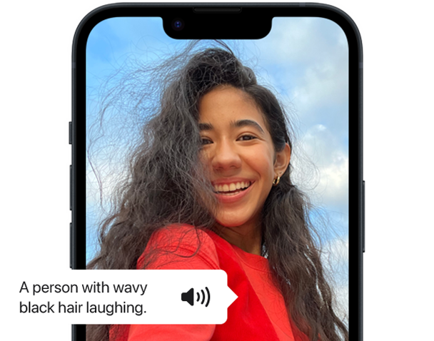 VoiceOver describing a photo of a person on iPhone.