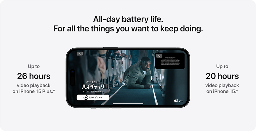 All-day battery life. For all the things you want to keep doing. Up to 26 hours video playback on iPhone 15 Plus. Up to 20 hours video playback on iPhone 15.