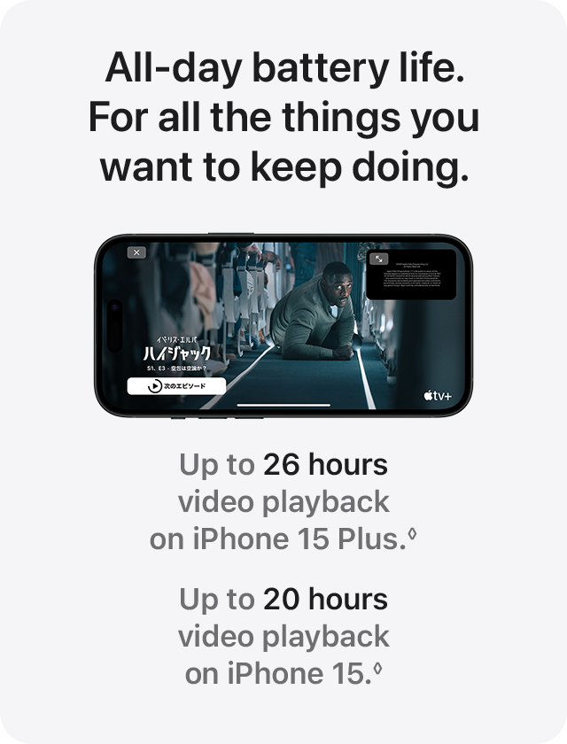 All-day battery life. For all the things you want to keep doing. Up to 26 hours video playback on iPhone 15 Plus. Up to 20 hours video playback on iPhone 15.
