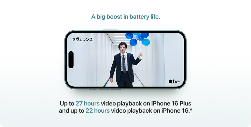 A big boost in battery life. Up to 27 hours video playback on iPhone 16 Plus and up to 22 hours video playback on iPhone 16.