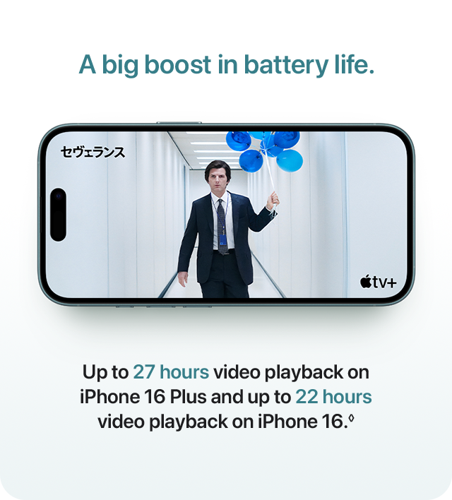 A big boost in battery life. Up to 27 hours video playback on iPhone 16 Plus and up to 22 hours video playback on iPhone 16.