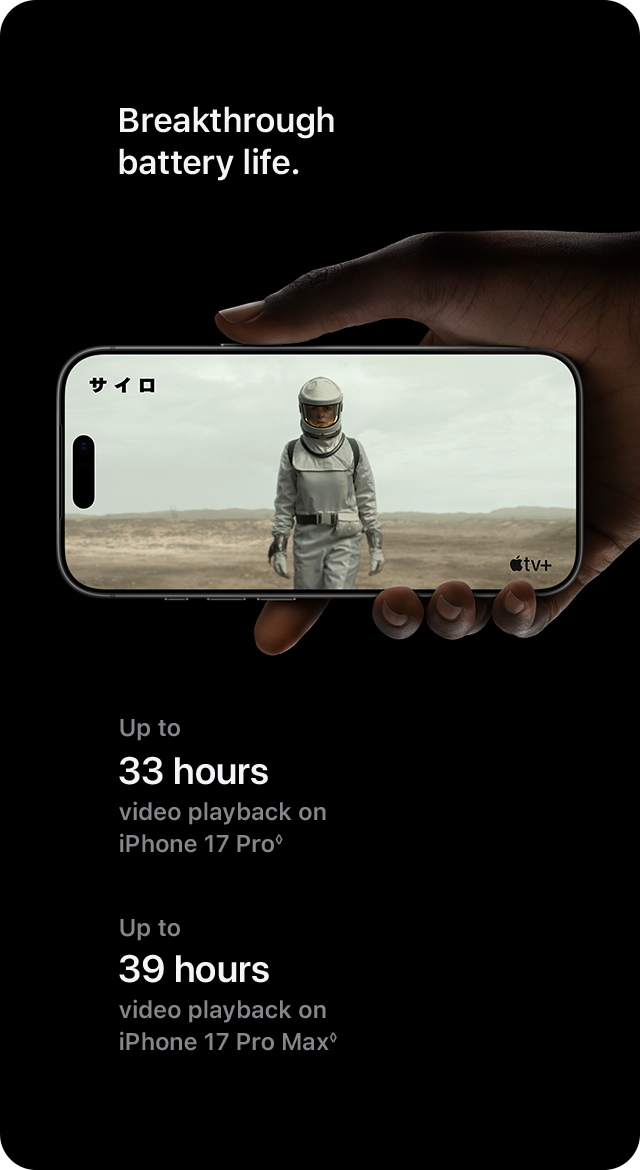 Breakthrough battery life. Up to 33 hours video playback on iPhone 17 Pro Up to 39 hours video playback on iPhone 17 Pro Max