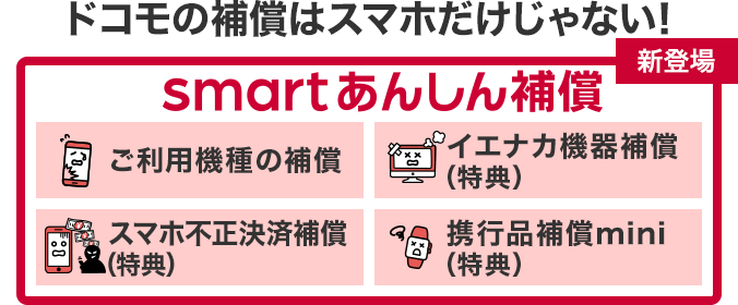 ドコモの補償はスマホだけじゃない！smartあんしん補償（ご利用機種の補償、イエナカ機器補償（特典）、スマホ不正決済補償（特典）、携行品補償mini（特典））新登場