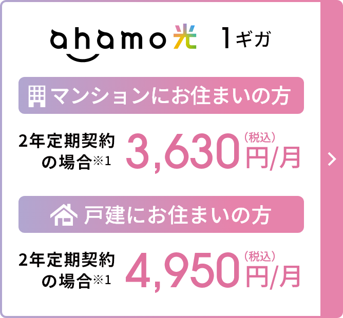 ahamo光 1ギガ マンションにお住まいの方 2年定期契約の場合※1 3,630円／月（税込） 戸建にお住まいの方 2年定期契約の場合 ※1 4,950円／月（税込）