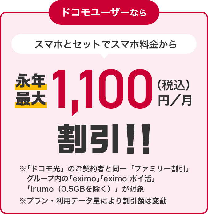 ドコモユーザーなら スマホとセットでスマホ料金から永年最大1,100円（税込）／月割引！！ ※「ドコモ光」のご契約と同一「ファミリー割引」グループ内の「eximo」「eximoポイ活」「irumo（0.5GBを除く）」が対象 ※プラン・利用データ量により割引額は変動