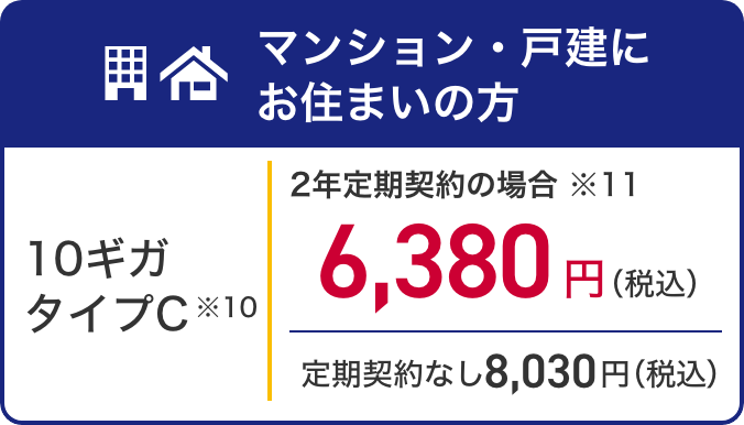 マンション・戸建にお住まいの方 10ギガ タイプC ※10 2年定期契約の場合※11　6,380円（税込） 定期契約なし8,030円（税込）