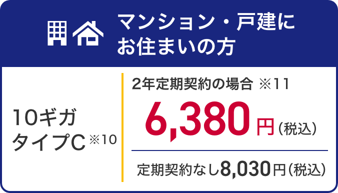 マンション・戸建にお住まいの方 10ギガ タイプC ※10 2年定期契約の場合※11 6,380円(税込) 定期契約なし8,030円(税込)