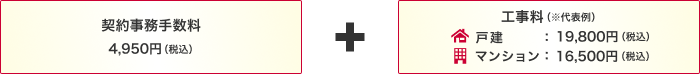 契約事務手数料 4,950円(税込)+工事量(※代表例)戸建:19,800円(税込)マンション:16,500円(税込)