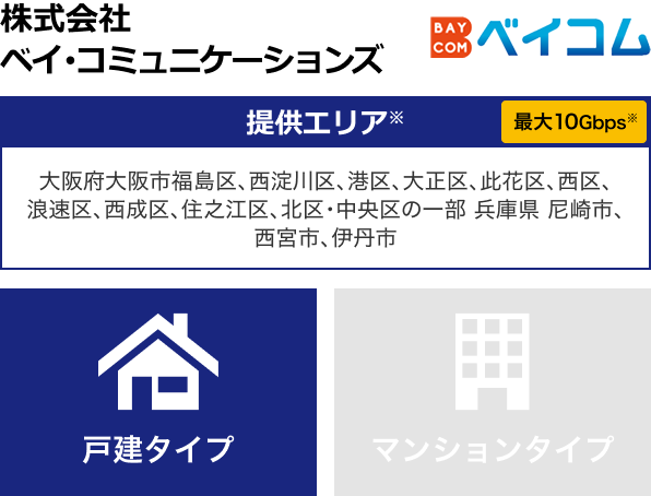株式会社ベイ・コミュニケーションズ【提供エリア】大阪府大阪市福島区、西淀川区、港区、大正区、此花区、西区、浪速区、西成区、住之江区、北区・中央区の一部 兵庫県 尼崎市、西宮市、伊丹市 最大10Gbps　【戸建タイプ】