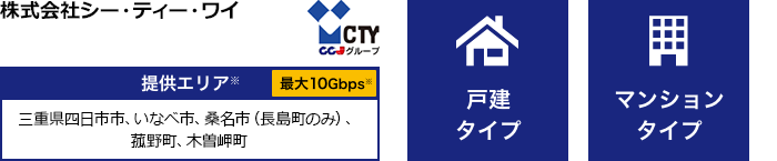 株式会社シー・ティーワイ【提供エリア】三重県四日市市、いなべ市、桑名市（長島町のみ）、菰野町、木曽岬町 最大10Gbps【戸建タイプ】【マンションタイプ】