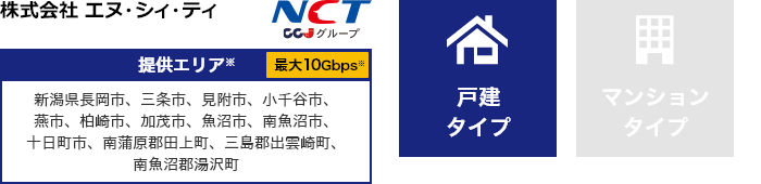 株式会社 エヌ・シィ・ティ【提供エリア】新潟県長岡市、三条市、見附市、小千谷市、燕市、柏崎市、加茂市、魚沼市、南魚沼市、十日町市、南蒲原郡田上町、三島郡出雲崎町、南魚沼郡湯沢町 最大10Gbps【戸建タイプ】