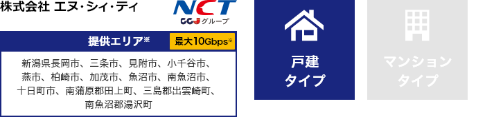 株式会社 エヌ・シィ・ティ【提供エリア】新潟県長岡市、三条市、見附市、小千谷市、燕市、柏崎市、加茂市、魚沼市、南魚沼市、十日町市、南蒲原郡田上町、三島郡出雲崎町 最大10Gbps【戸建タイプ】