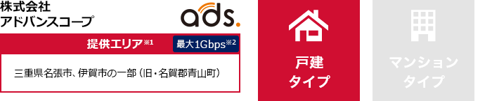 株式会社アドバンスコープ【提供エリア】三重県名張市、伊賀市の一部（旧・名賀郡青山町） 最大1Gbps　【戸建タイプ】