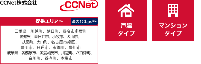CCNet株式会社【提供エリア】三重県 川越町、朝日町、桑名市多度町 愛知県 春日井市、小牧市、犬山市、扶桑町、大口町、名古屋市緑区、豊明市、日進市、東郷町、豊川市 岐阜県 各務原市、美濃加茂市、川辺町、八百津町、白川町、養老町、本巣市 最大1Gbps　【戸建タイプ】【マンションタイプ】