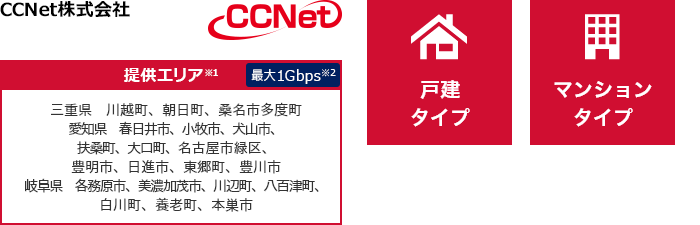 CCNet株式会社【提供エリア】三重県 川越町、朝日町、桑名市多度町 愛知県 春日井市、小牧市、犬山市、扶桑町、大口町、名古屋市緑区、豊明市、日進市、東郷町、豊川市 岐阜県 各務原市、美濃加茂市、川辺町、八百津町、養老町、本巣市 最大1Gbps　【戸建タイプ】【マンションタイプ】