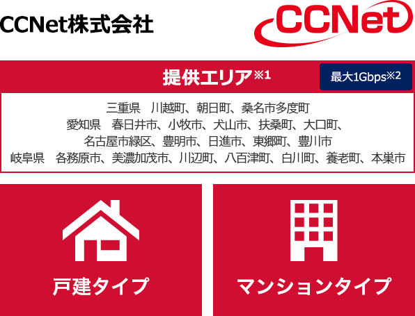 CCNet株式会社【提供エリア】三重県 川越町、朝日町、桑名市多度町 愛知県 春日井市、小牧市、犬山市、扶桑町、大口町、名古屋市緑区、豊明市、日進市、東郷町、豊川市 岐阜県 各務原市、美濃加茂市、川辺町、八百津町、養老町、本巣市 最大1Gbps　【戸建タイプ】【マンションタイプ】