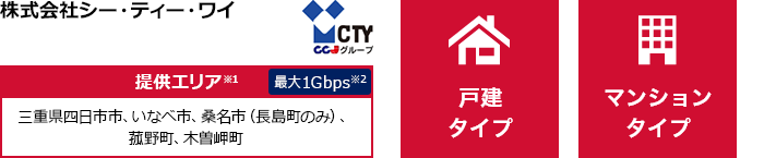 株式会社シー・ティーワイ【提供エリア】三重県四日市市、いなべ市、桑名市（長島町のみ）、菰野町、木曽岬町 最大1Gbps　【戸建タイプ】【マンションタイプ】