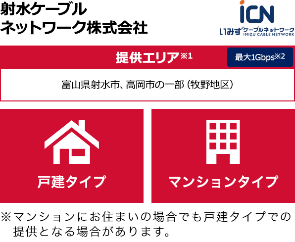 射水ケーブルネットワーク株式会社【提供エリア】富山県射水市、高岡市の一部（牧野地区） 最大1Gbps　【戸建タイプ】【マンションタイプ】　※マンションにお住まいの場合でも戸建タイプでの提供となる場合があります。